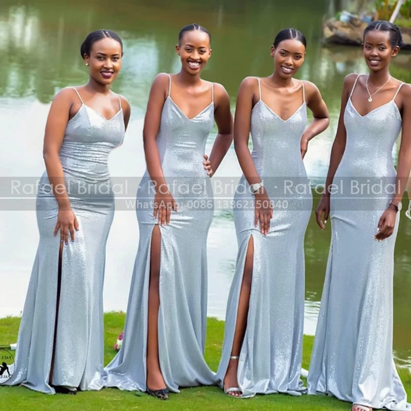 

Silver Sequins Bridesmaid Dresses Sexy Side Split Spaghetti Straps Mermaid Black Girls Long Bridal Party Dress Maid Of Honor