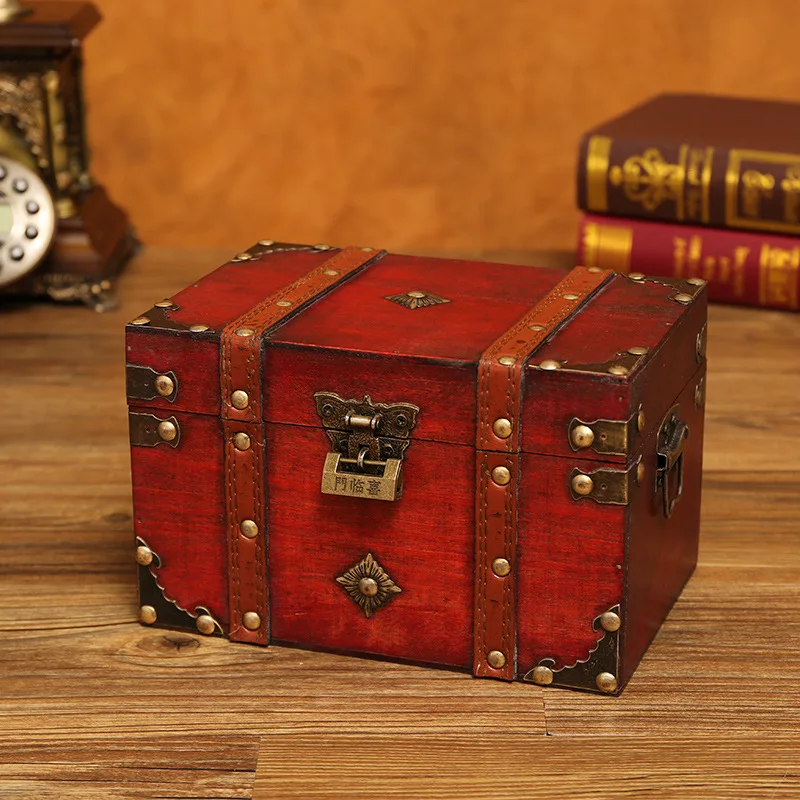 

European Vintage Wooden Storage Box With Lock Jewelry Bracelet Earrings Storage Box Case Small Objects Household Storage Box