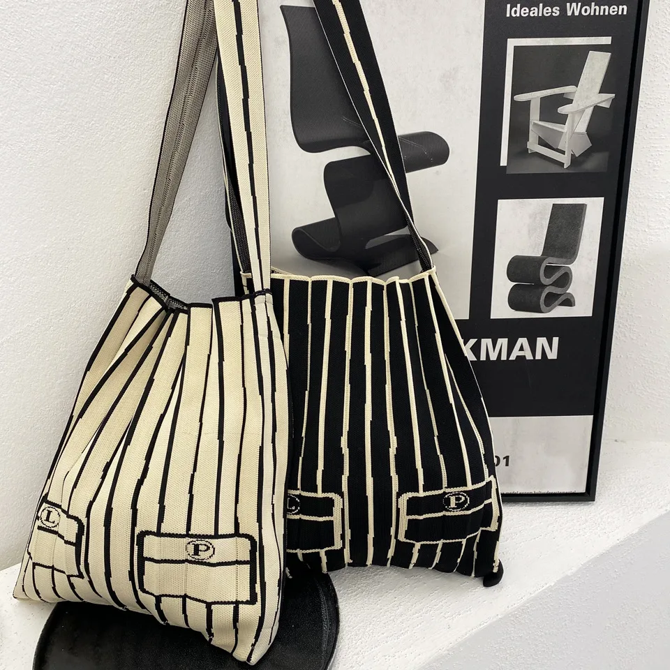 

Japanese Knitted Pleated Bag Women's Shoulder Bag Black and White Stripe Letter Foldable Shopping Bag Straddle Bag