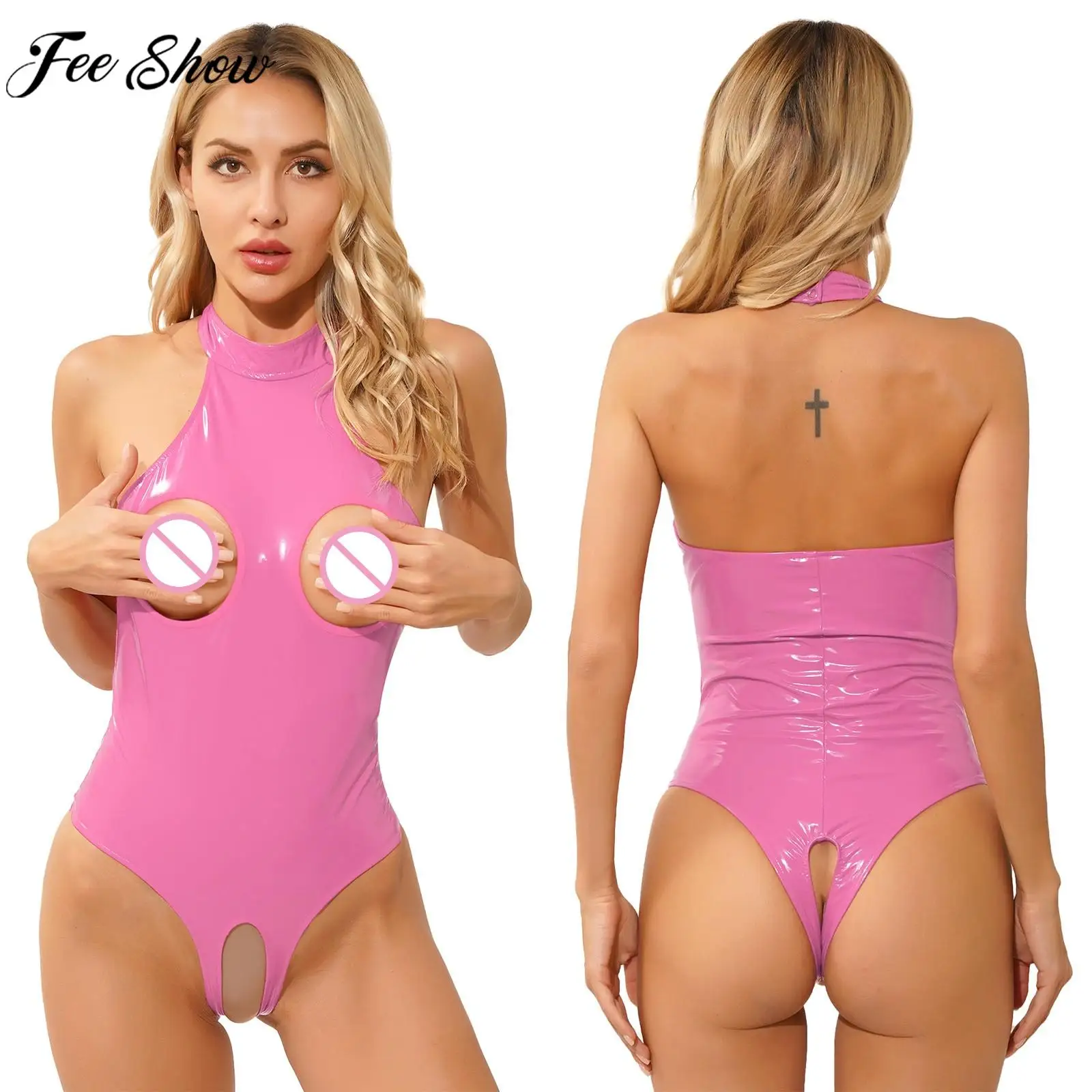 

Womens Sexy Open Cups Crotchless Bodysuit Wet Look Patent Leather Catsuit Halter Backless Leotard Lingerie Nightwear Clubwear