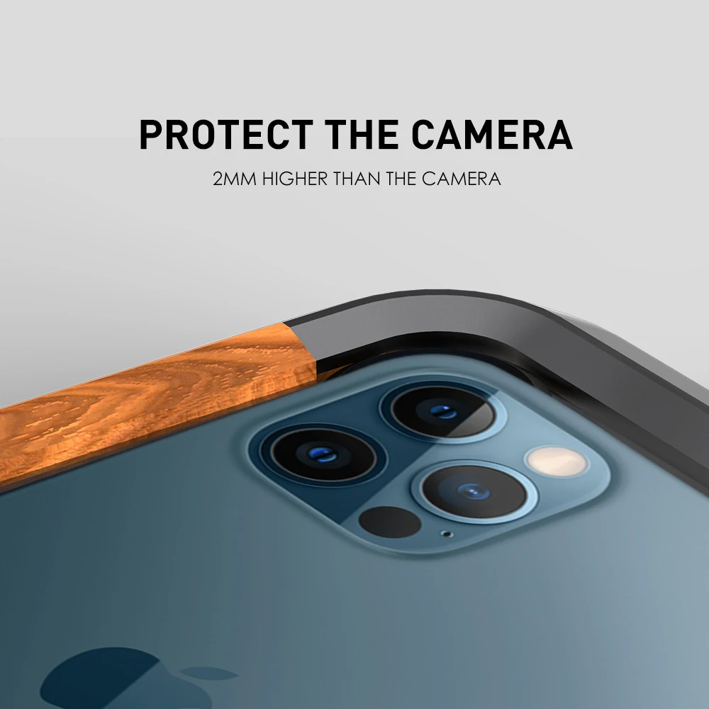 New R-just Luxury Retro Aluminum +wood Shockproof Frame Case For Apple Iphone 12 Pro Max Metal Log Protection Phone Cases Bumper