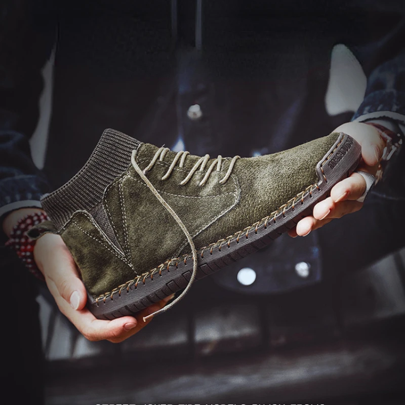 

2023 Winter Retro Combat Boots Suede Breathable Biker Work Leather Shoes High Top Warm Casual Snow Boots zapatillas de hombre