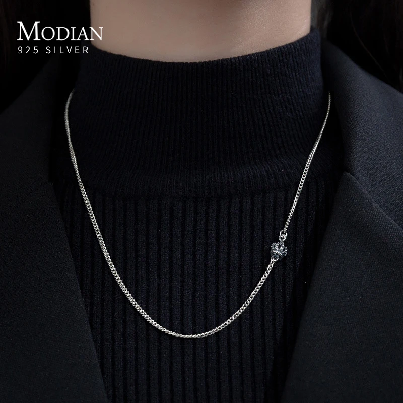 

MODIAN Authentic 925 Sterling Silver Vintage Crown Pendant Necklace For Women Link Chain Necklace Fine Jewelry