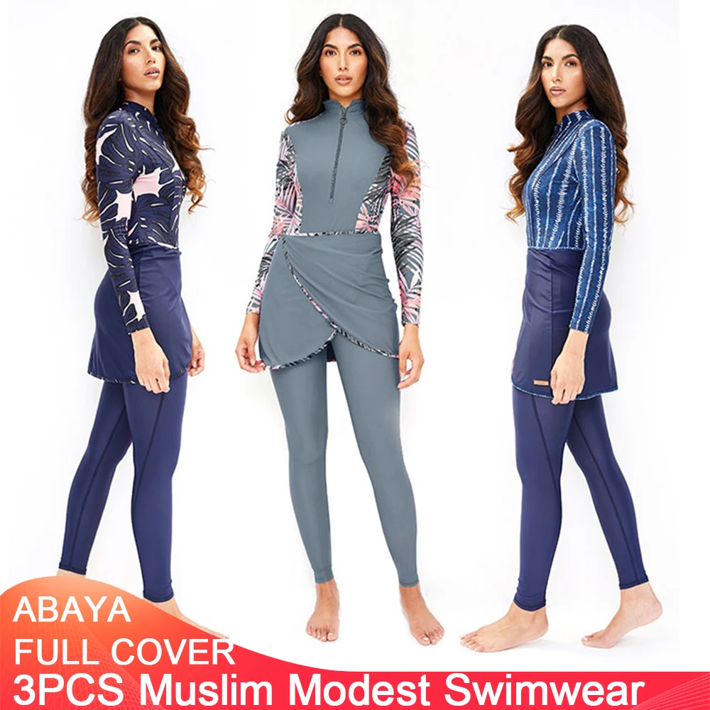 3PCS Muslim Modest Swimwear For Women Full Cover Islamic Long Sleeve Burkini Turban Maillots De Bains Musulmans Maillot Femme