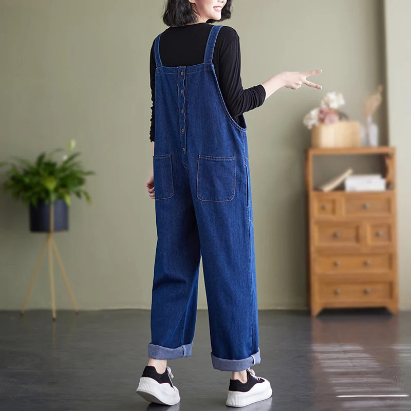 Loose Big Size Blue Denim Jumpsuit Women Casual Streetwear Single Breasted Jeans Overalls Femme Pockets Straps Baggy Cargo Pants