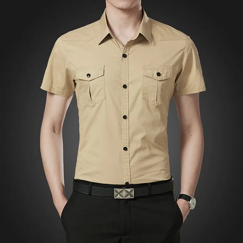 

5XL Oversized Mens Casual Slim Shirts Summer New Men's Cotton Military Short Sleeved Shirt Military Male Clothing 2022 Summer
