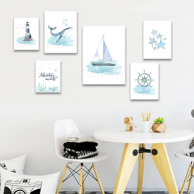 

Nautical Sea Nursery Child Poster Whale Ship Canvas Wall Art Print Painting Nordic Kid Decoration Picture Baby Bedroom Decor