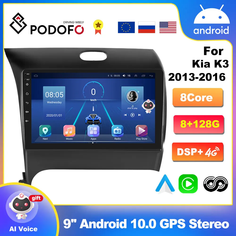 

Podofo 9" 4G+WiFi 2din Android 10 Car Radio Multimedia Video Player Navigation GPS For Kia K3 2013-2016 Head Unit Stereo