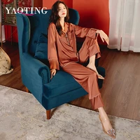 yaoting satin pajamas womens long sleeve trousers two piece ice silk pajamas fashionable women sense of loose casual home wear