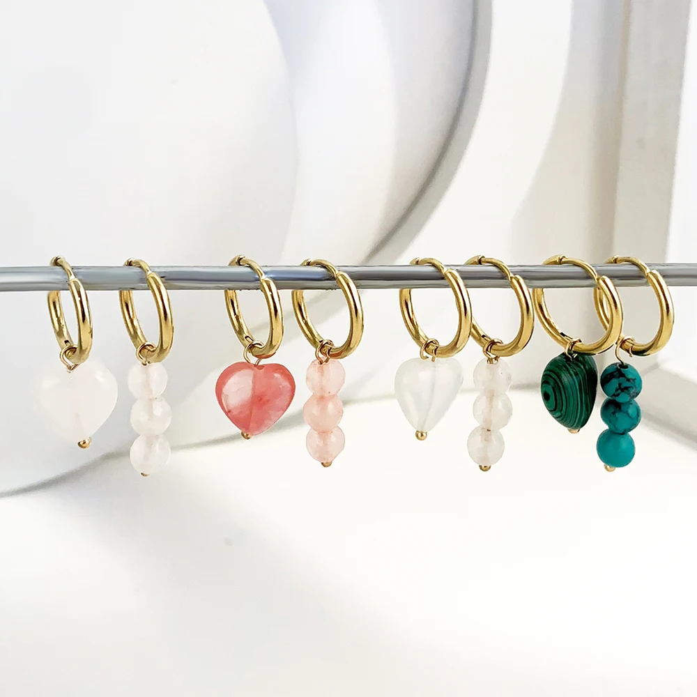 

Asymmetric Handmade Stone Heart Round Beads Drop Earrings for Women Stainless Steel Circle Earring 2022 Trend Jewelry Gift