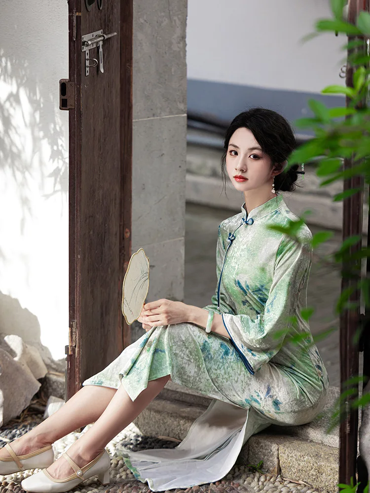 Велюровое китайское традиционное платье Cheongsam с принтом осень-зима бархатное