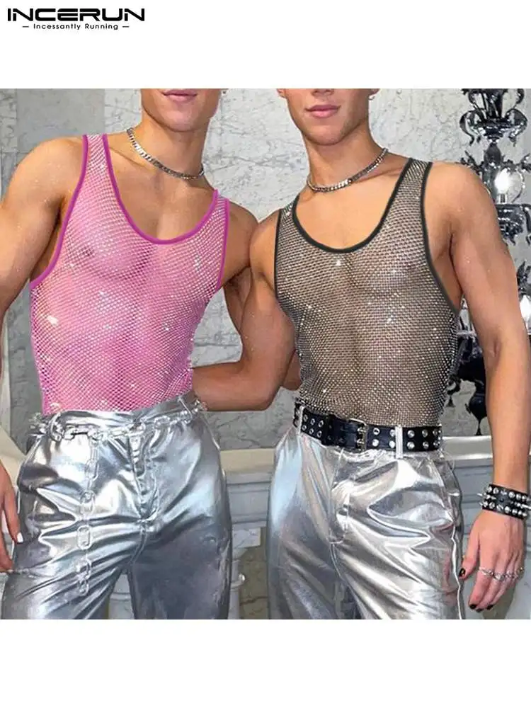

INCERUN Men Tank Tops Mesh Patchwork O-neck Sleeveless Transparent Vests Men Streetwear 2022 Fitness Fashion Sexy Party Tops 5XL