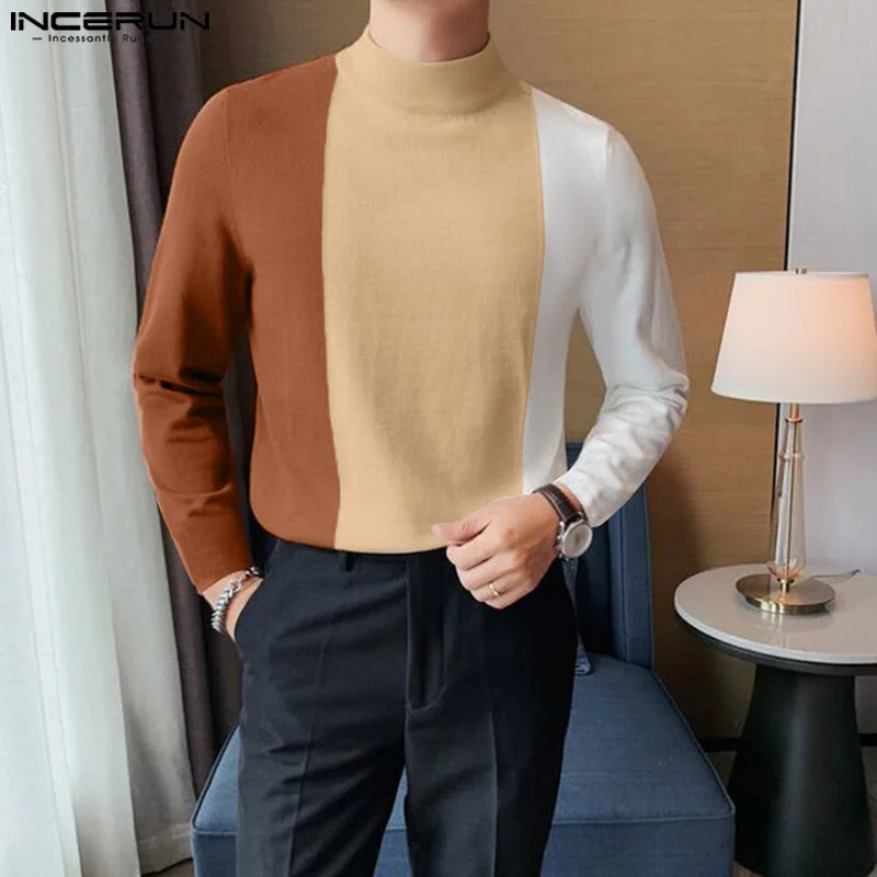 

2022 Men T Shirt Patchwork Streetwear Turtleneck Long Sleeve Casual Men Clothing Knitted Korean Leisure Tee Tops S-5XL INCERUN