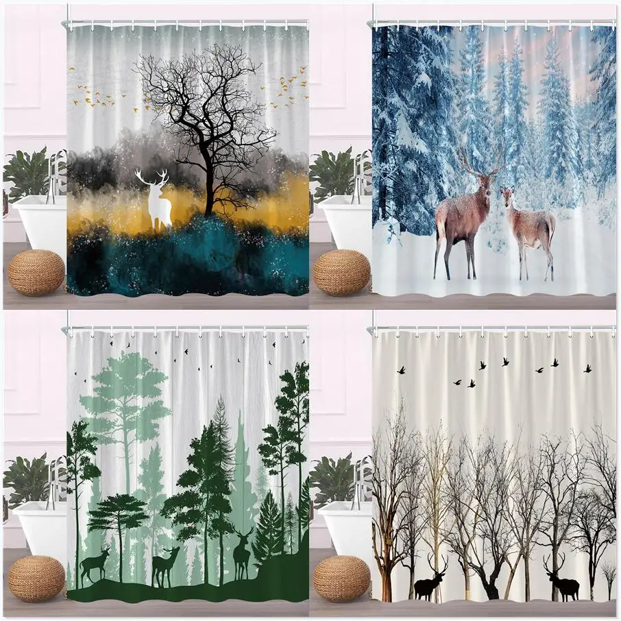 

Woodland Shower Curtain Rustic Deer Bathroom Curtain Aesthetic Forest Landscape Fabric Decor Hanging Curtains Polyester Fabric