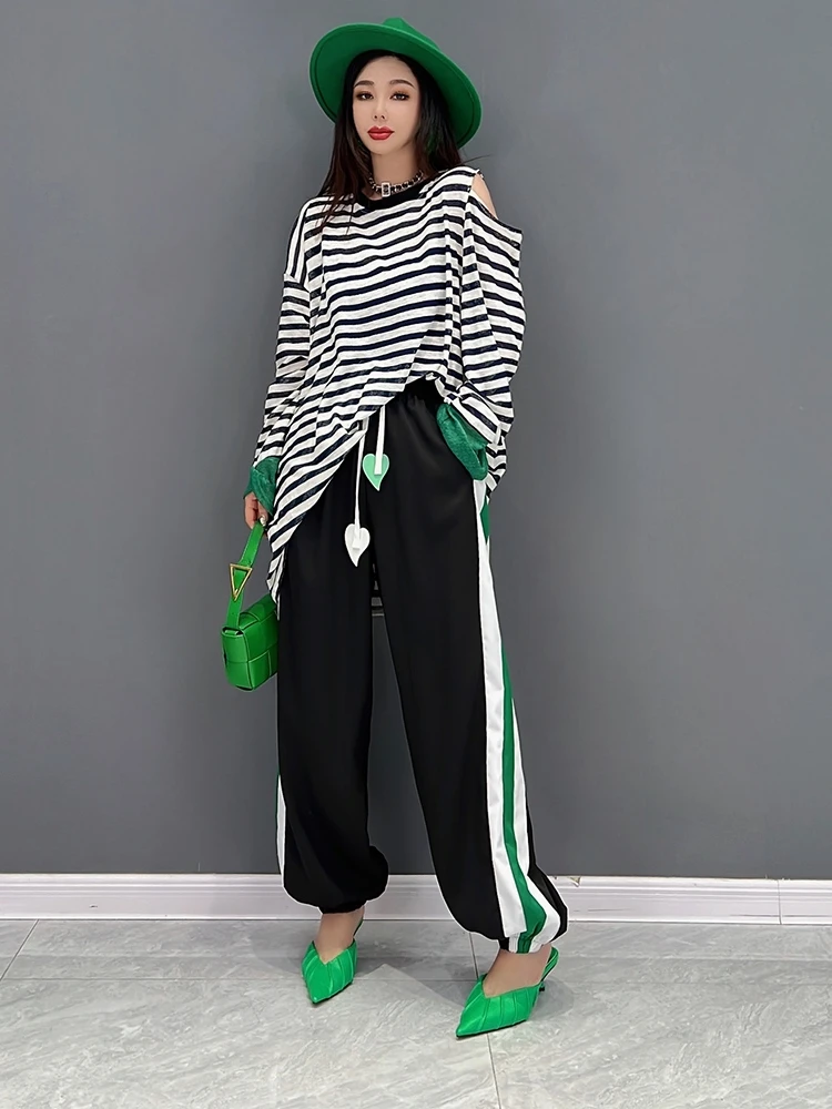 

SuperAen 2022 Summer New Fashion Suit Casual Sports Striped Off Shoulder O Neck T-shirt Pants Two Pieces Sets Women