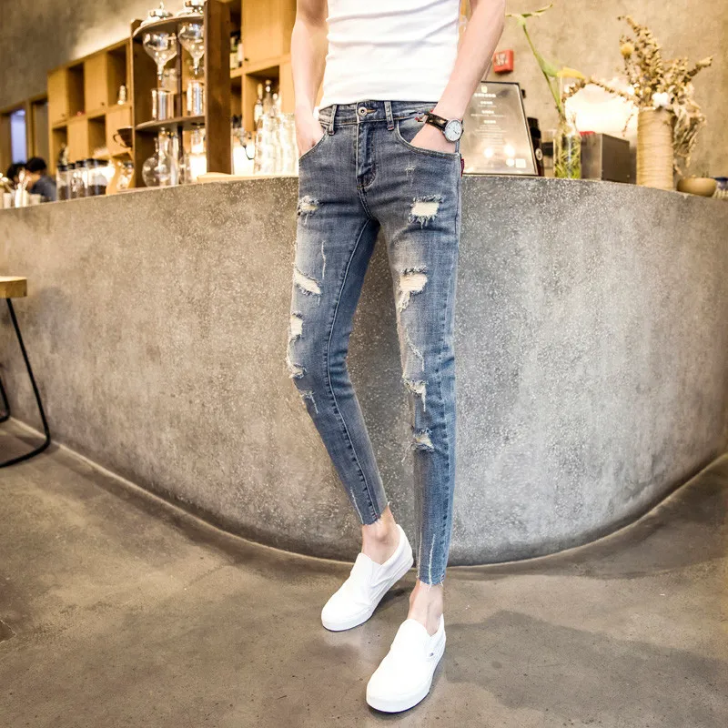 

Fashion 2022 Teenagers Denim Jeans Slim-fit Small-footed Ankle Length Pants Tight Pants Male Korean Trend Wild Pencil Pants