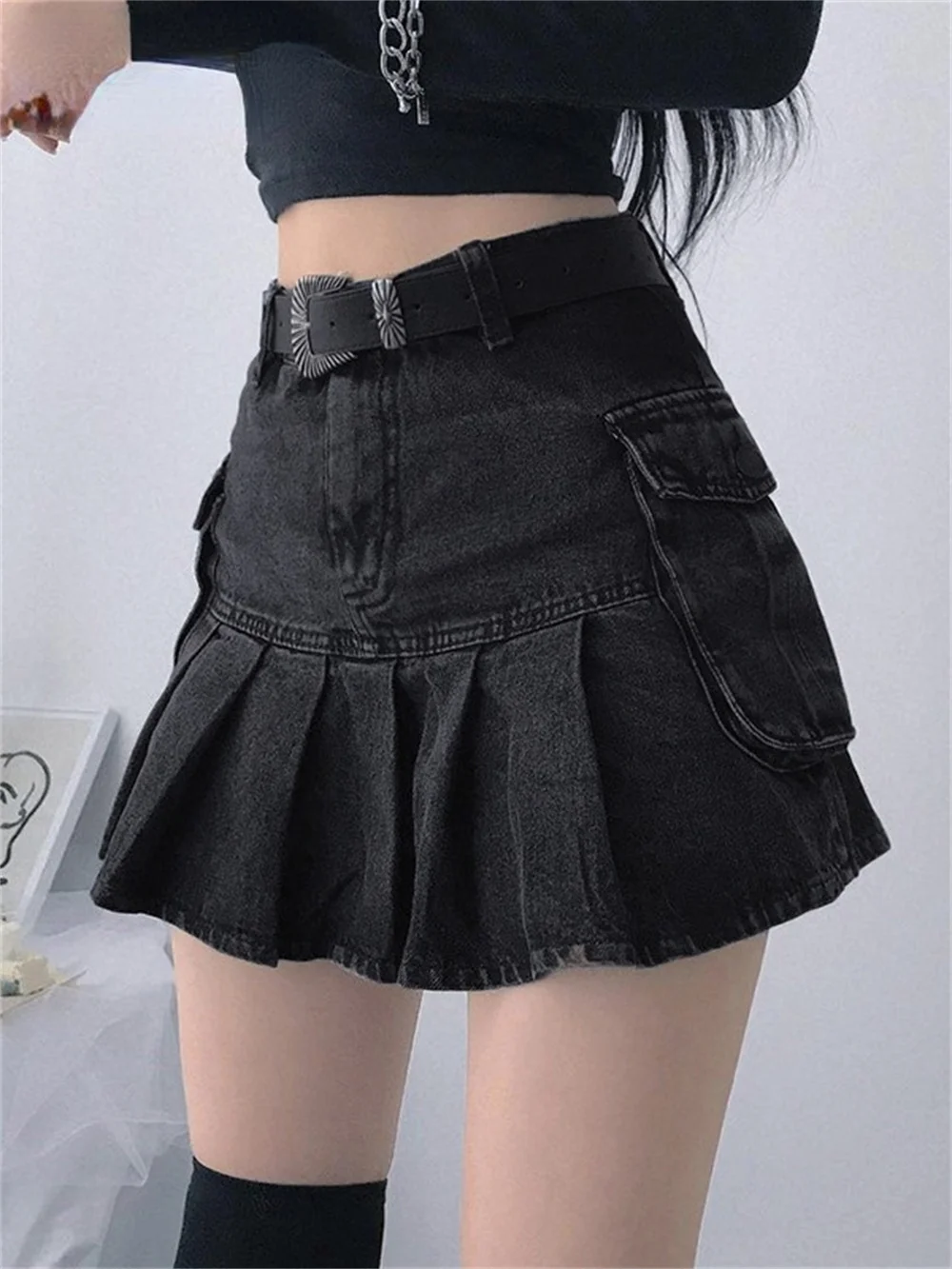 

Джинсовые юбки Y2K с высокой талией для подростков, джинсовые юбки с оборками в стиле 1920-х, юбки с большими карманами в стиле K-POP E-girl, эстетичны...