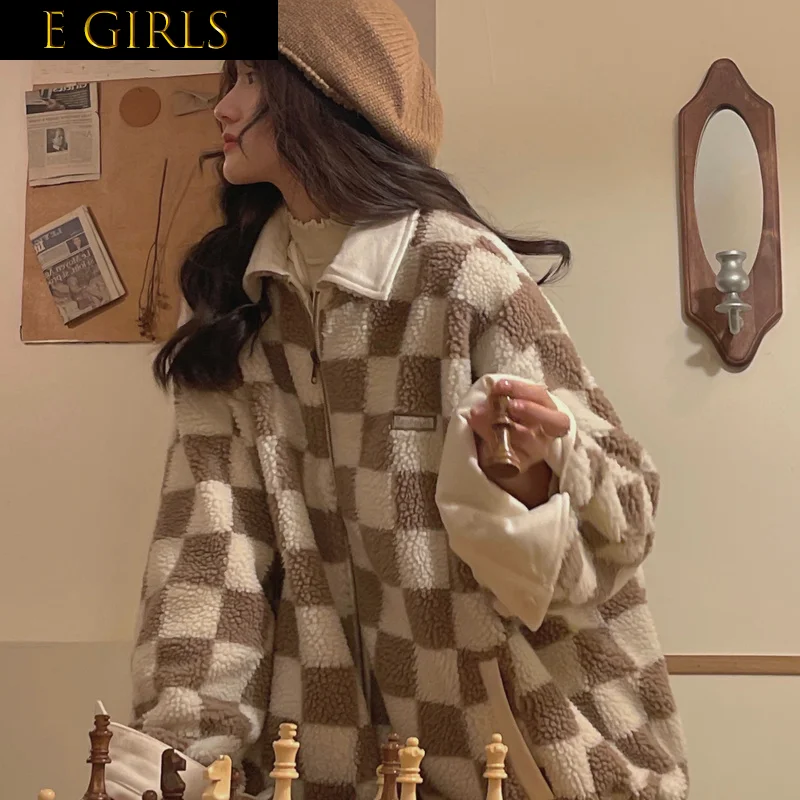 E GIRLS Plaid Parkas Women Loose Young Casual Zip-up  Winter Female Students Sweet Retro Outwear Windproof Newest Chic Holiday