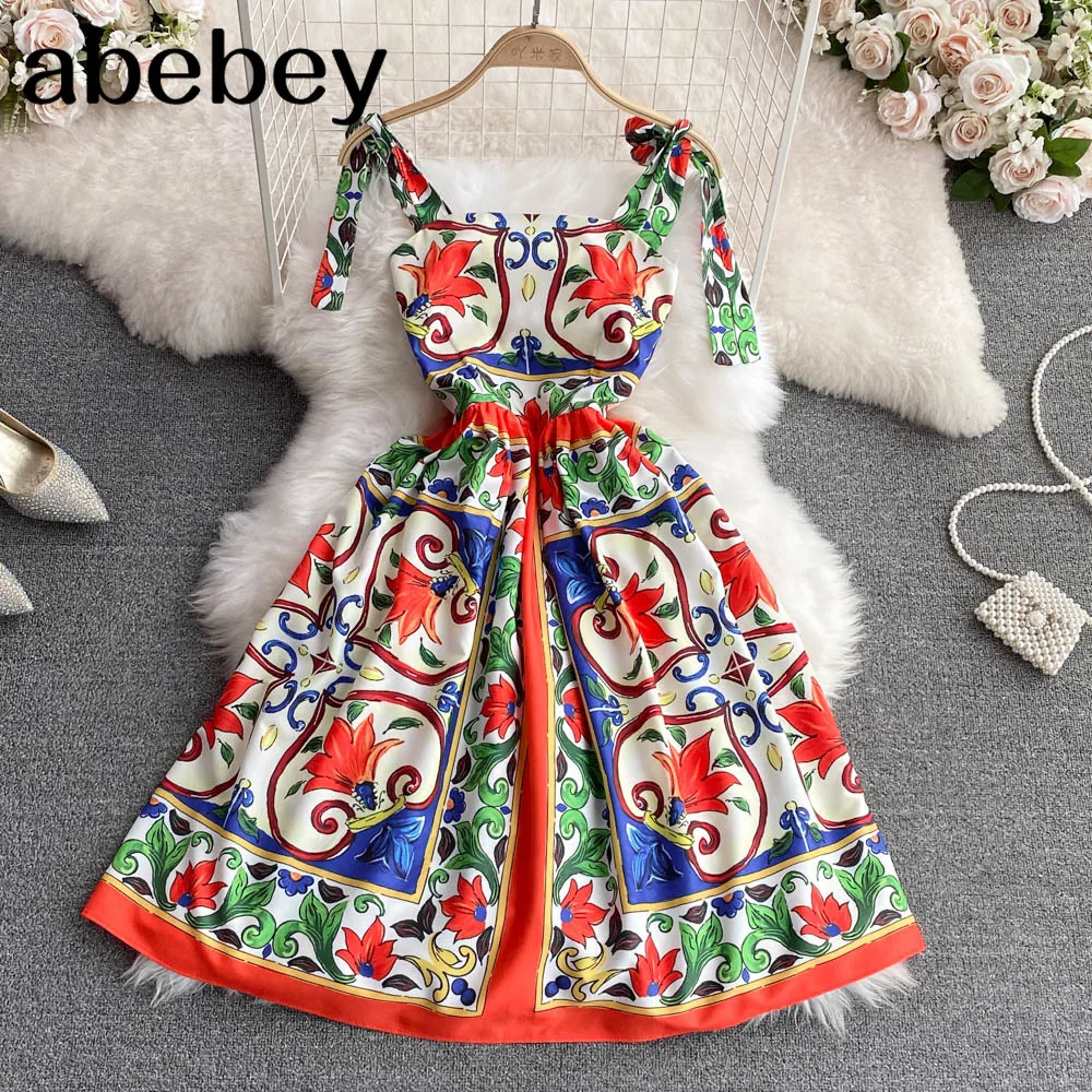 

Vintage Multicolor Floral Print Sexy Sling Dress Women Summer Chiffon Midi Dress Holiday Beach Sundress Vestido