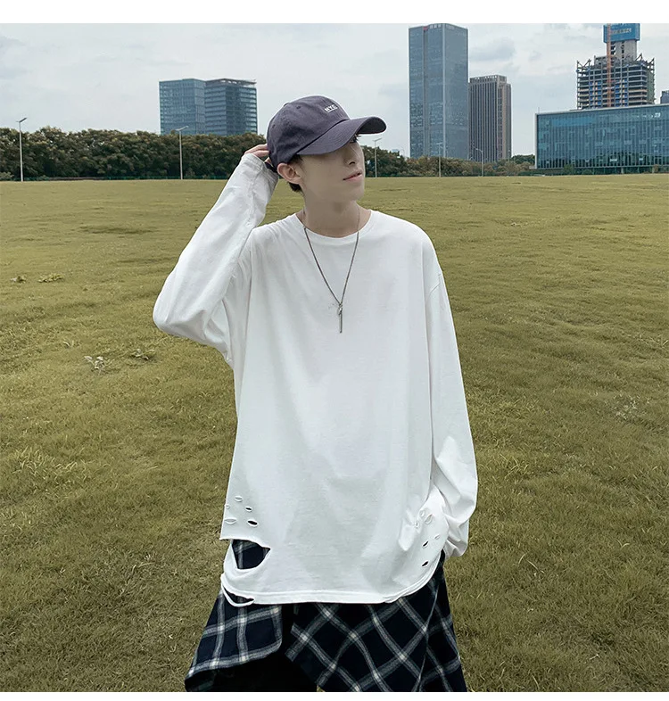 Футболка мужская с отверстиями в стиле хип-хоп однотонная Модная рубашка