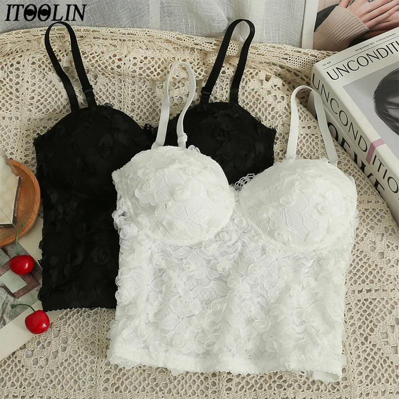 

ITOOLIN 2023 Women Sexy Lace Camis With Bra Pad Spaghetti Y2K Crop Tops Knitted Sleeveless Tops For Women Casual Camisole