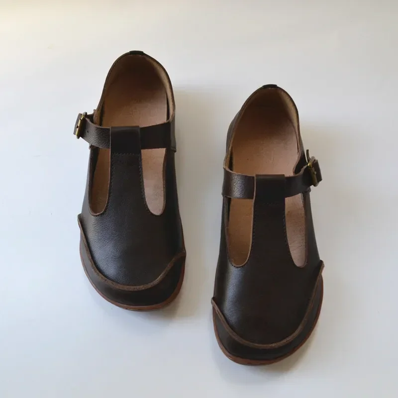 Женская обувь из воловьей кожи в стиле ретро Т-образная форма на плоской подошве