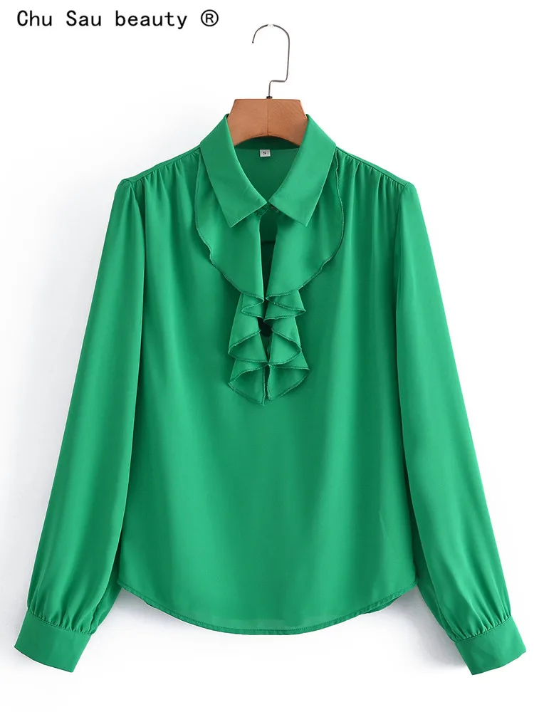 

Женская Осенняя блузка, новинка 2022, винтажная зеленая Свободная Повседневная рубашка с длинным рукавом и оборками, Женский Топ