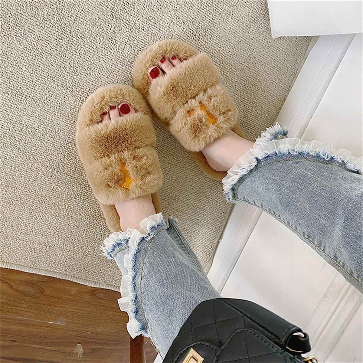 New Spring Autumn Fashion Women's Slippers Flat-Bottomed All-Match Fur Drag Open Toe Women Shoes