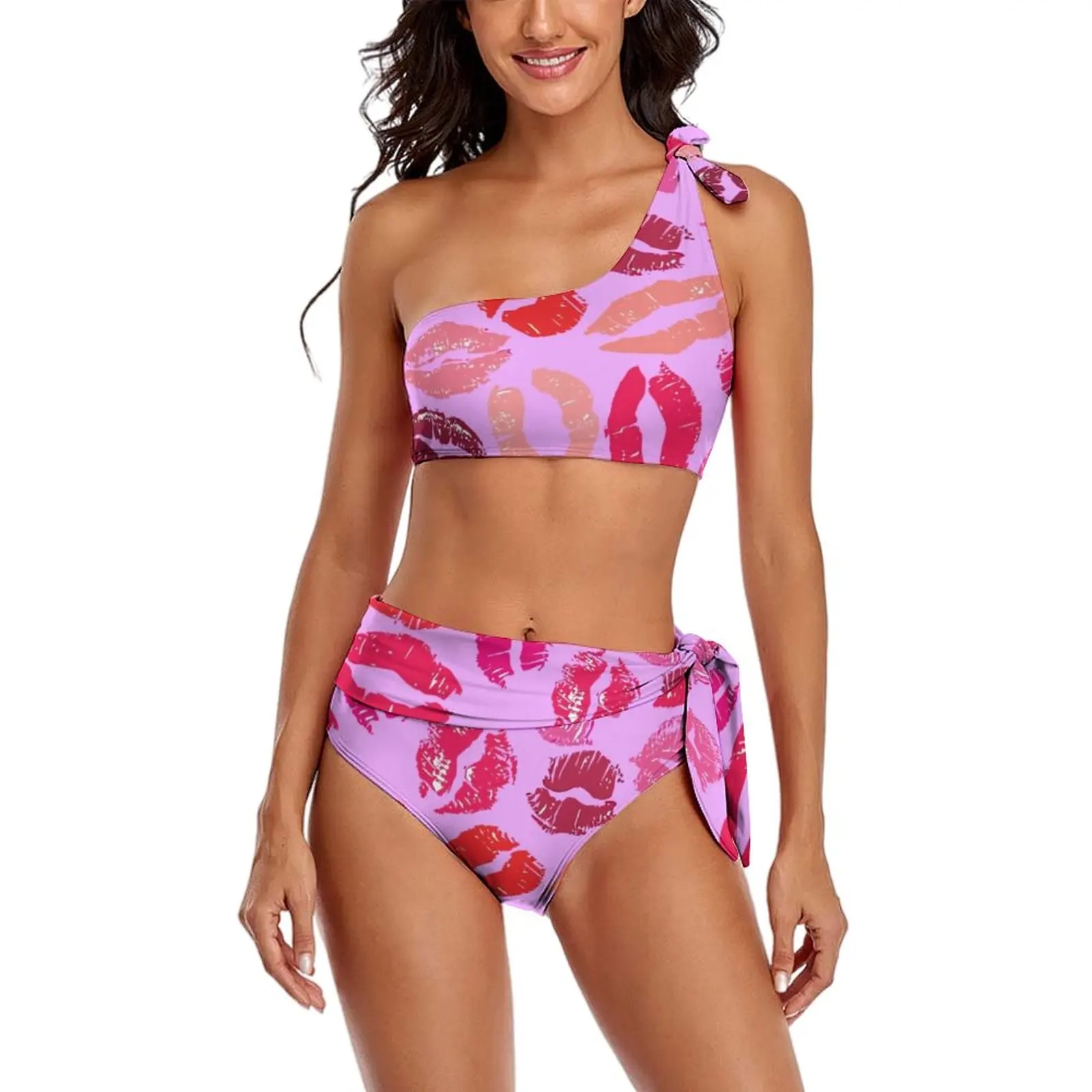 

Купальник бикини с принтом губ, губная помада, поцелуи, на одно плечо, сексуальный Графический комплект бикини для женщин, пуш-ап, пляжная одежда, подарок