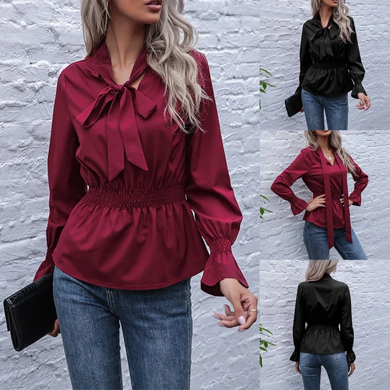 

Women's Solid Color V-Neck Pullover Slim-Fit Elastic Flared Long-Sleeved Shirt