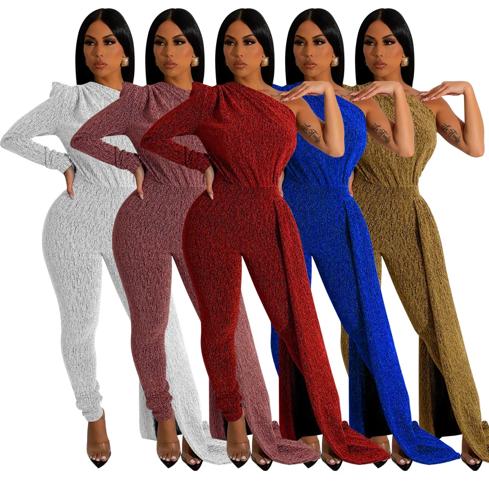 

2023 Autumn And Winter Women Sexy Long Sleeve Pants Popular Cross Shoulder Tight Jumpsuit