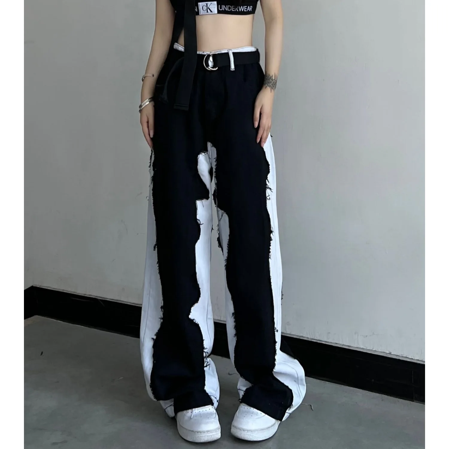 Y2k Vintage Women Splicing Jeans Streetwear Fashion Cootrast Color Pants Oversize Loose Casual Straight Wide Leg Trousers 2023