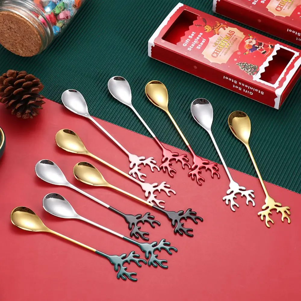 2PCS Desserts Christmas Deer Head Stirring Spoon Ice Cream Tea Scoop Xmas Antlers Coffee Scoops Christmas Spoons