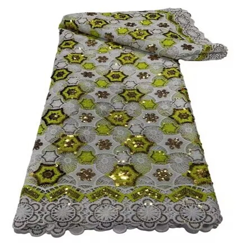 

African Tulle Lace Fabric 5 Yards French Embroidery Mesh Lace with Sequins for Nigerian Birdal Wedding Dresses Green/White
