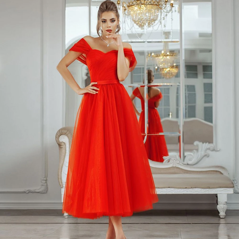 

Red Tulle Bridal Dress for Wedding Party A Line Off Shoulder Sweetheart Elegant Bridal Gown Tea Length Short Homecoming Dresses
