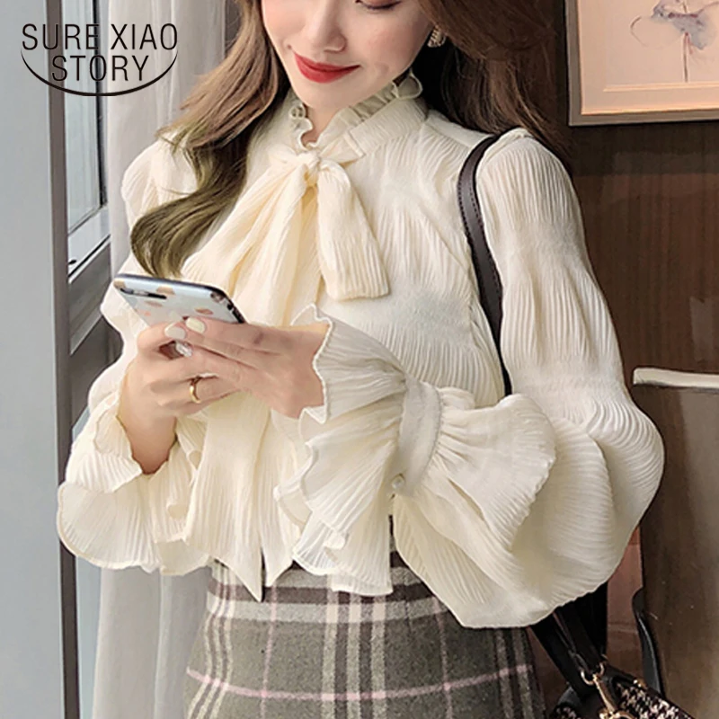 

New Korean Style Clothes Puff Sleeve Elegant Office Lady Blouse Bow Tie Chiffon Women Shirts Sweet Basic Shirts Tops 18614