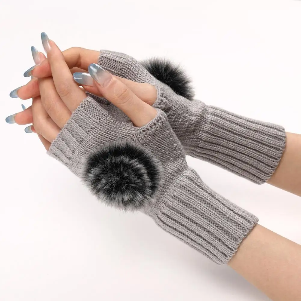 

1 Pair Plush Ball Washable Keeping Warmth Winter Outdoor Indoor Fingerless Wrist Hand Gloves Winter Gloves for Daily Wear