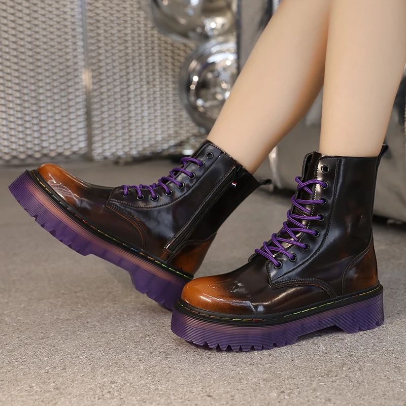 Ботинки женские кожаные на платформе толстая подошва пикантная мотообувь в