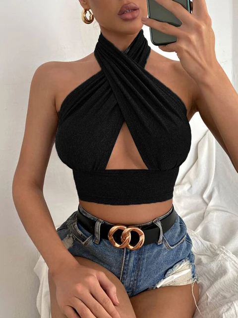 Women Summer Tank Tops Sexy Solid Color Cross Halter Neck Push Up Hollow Crop Tops High Street Wear 2023 New Fashion 3
