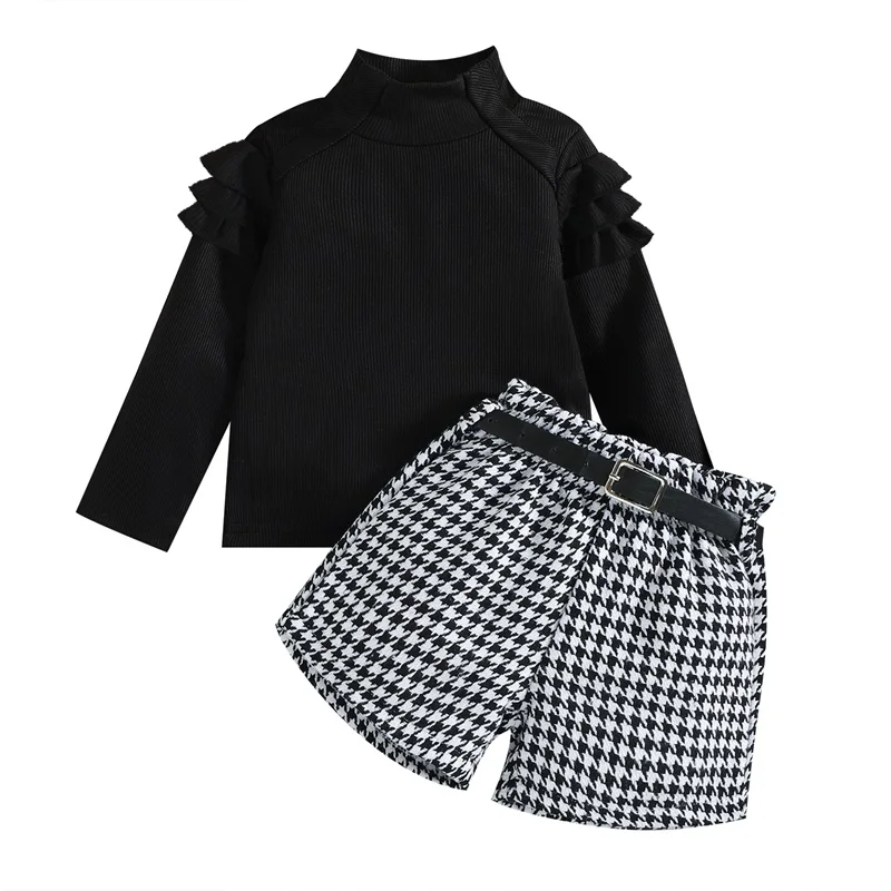 

Girl Toddler Clothes Set Fashion Ruffled Long Sleeve High Neck Ribbed Pullover + Houndstooth Print Shorts + Belt Kids Outfits