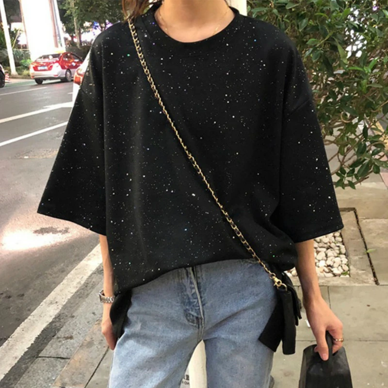 

Summer Female Chic Leisure Slim Loose Plus Size Harajuku O-neck T-shirts Women Half Sleeve Asymmetrical Sequins Blingbling Tops