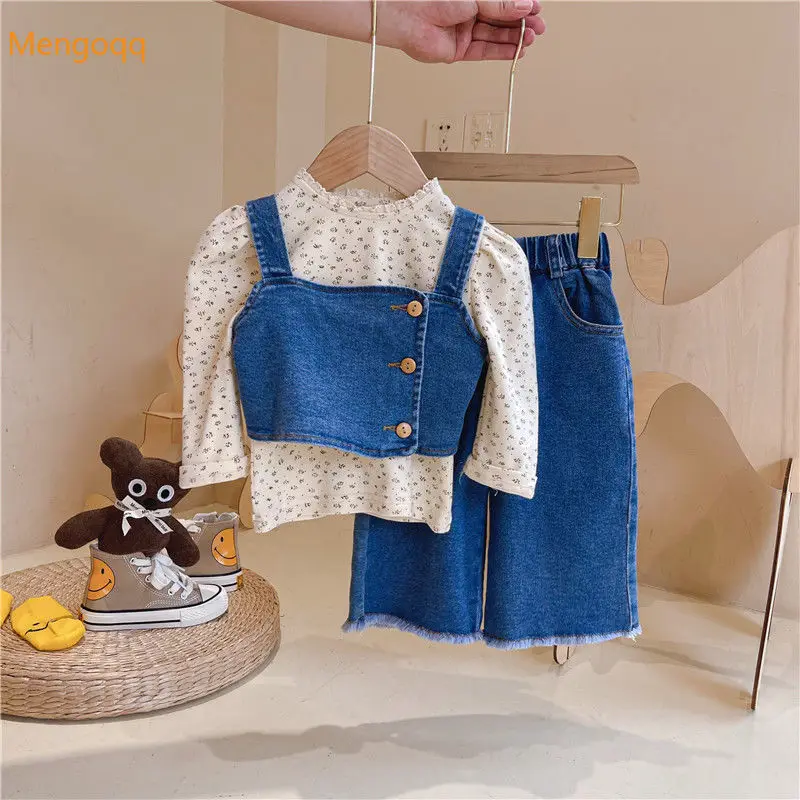 Mengoqq-Camiseta de manga larga para niños y niñas, chaleco vaquero, conjunto de ropa de moda para niños de 3 a 8 años, primavera y otoño, 3 piezas