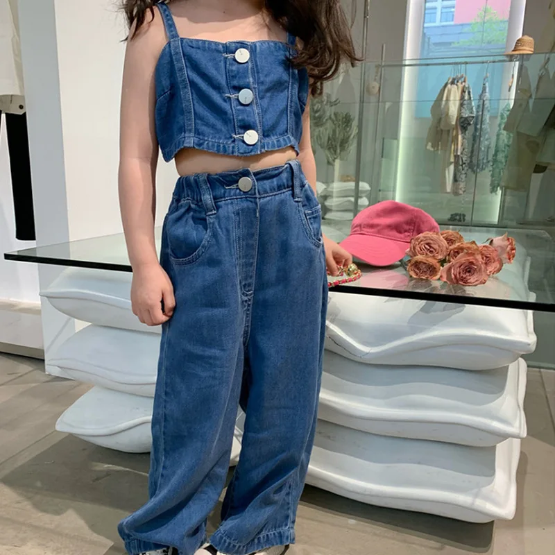 

Girls' Denim Sets Short Top +Denim Wide Leg Pants Summer Children'S Clothing Girls Fashion Kids Outfit Children Girls Clothes