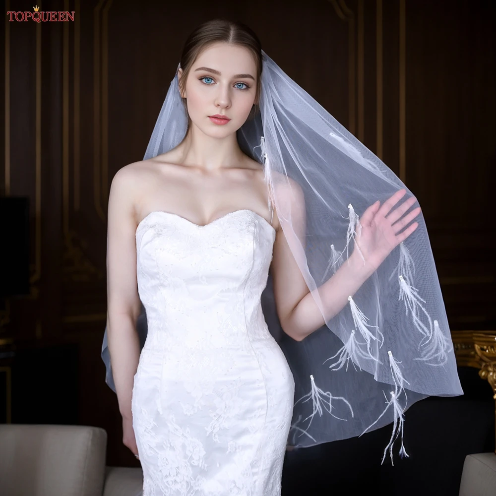 Фата свадебная TOPQUEEN с жемчужинами и 3d перьями мягкая Тюлевая роскошное свадебное