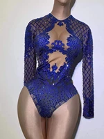 latin dancer bodysuit women sexy blue print rhinestone long sleeve crystal blue nightclub showgirl stage jazz leotard costume
