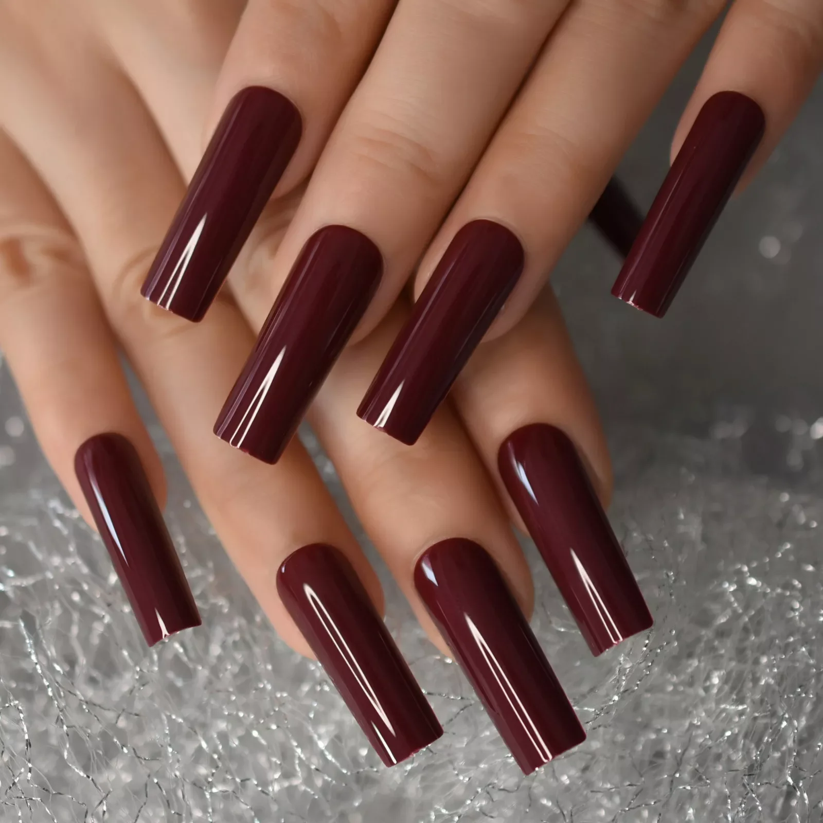 

2022NEW Long Nail Tips Burgundy Red Wine Straight Tapered Square Full Cover Press On False Nail for Salons DIY Nail Art at Home