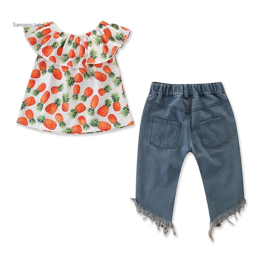 

Clothes for Kids Summer Ins Style Fashion Denim Pineapple One-shoulder + Ripped Pants Two-piece Set Kids Clothing Wholesale