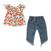clothes for kids summer ins style fashion denim pineapple one shoulder ripped pants two piece set kids clothing wholesale