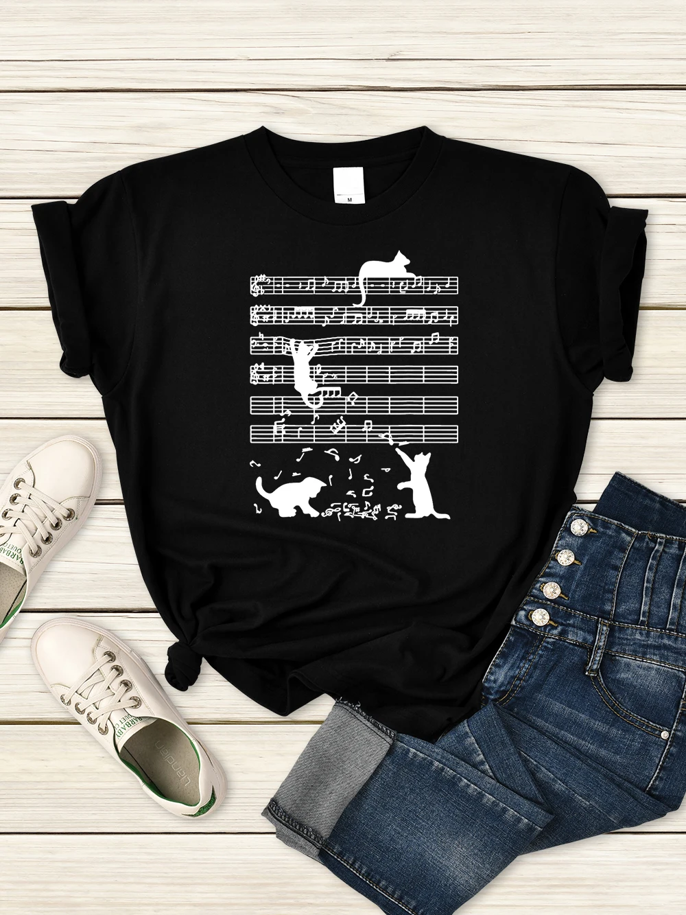 

Cat Crawling On Sheet Music Funny T Shirt Women Summer Loose Tshirts Casual Quality Clothes Graphics Vintage Short Sleeve Woman