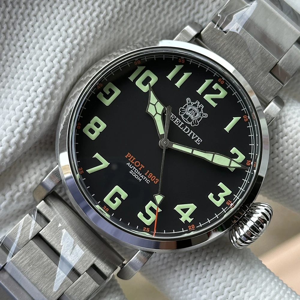 Фото STEELDIVE Мужские часы-пилот 46,5 мм Военные автоматические механические наручные часы для дайвера 20 бар Водонепроницаемые C3 Светящийся сапфир NH35 №1